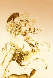 Rule 34 | 10s, 1girl, beret, corset, detached sleeves, drill hair, graphite (medium), hat, hiwari, magical girl, mahou shoujo madoka magica, mahou shoujo madoka magica (anime), monochrome, open mouth, puffy sleeves, sepia, solo, tomoe mami, traditional media