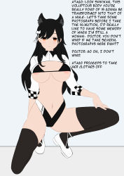 Rule 34 | 1girl, absurdres, animal ears, areola slip, atago (azur lane), atago (stunning speedster) (azur lane), azur lane, bikini, black bikini, black hair, black panties, black thighhighs, breasts, degenerate69, english text, facing viewer, fox ears, full body, highres, large breasts, long hair, on one knee, panties, revealing clothes, ribbon, shrug (clothing), simple background, sitting, smile, spread legs, swimsuit, thighhighs, underboob, underwear, white footwear