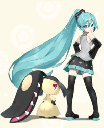 Rule 34 | 1girl, absurdres, black footwear, black skirt, blue eyes, boots, closed mouth, commentary, creatures (company), crossover, detached sleeves, eyelashes, floating hair, game freak, gen 3 pokemon, green hair, grey shirt, hair between eyes, hair ornament, hands on own hips, hatsune miku, highres, long hair, looking back, mawile, nintendo, pigeon-toed, pleated skirt, pokemon, pokemon (creature), ponytail, reirou (chokoonnpu), shirt, skirt, sleeveless, sleeveless shirt, smile, standing, symbol-only commentary, thigh boots, thighhighs, vocaloid