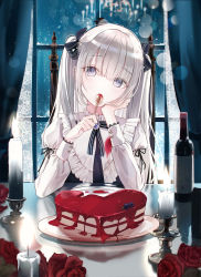 Rule 34 | 1girl, black bow, black ribbon, blueberry, blunt bangs, blush, bottle, bow, cake, candle, commentary, english commentary, flower, food, frilled shirt collar, frills, fruit, glint, hair bow, head tilt, heart, highres, holding, holding spoon, indoors, iren lovel, long sleeves, md5 mismatch, neck ribbon, original, purple eyes, red flower, red rose, reflection, revision, ribbon, rose, silver hair, solo, spoon, table, twintails, upper body, window, wine bottle