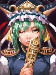 Rule 34 | 1girl, ;(, axe r18, blue vest, closed mouth, cum, cum on hair, facial, frown, green eyes, green hair, hat, looking at viewer, one eye closed, rod of remorse, serious, shiki eiki, shoulder pads, solo, touhou, upper body, vest
