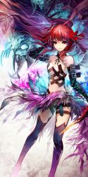 Rule 34 | 1girl, bare shoulders, belt, black gloves, black thighhighs, chromatic aberration, closed mouth, creature, crystal, cybele (lord of vermilion), detached collar, flower, frown, fumo, gloves, hand in own hair, hand up, highres, long hair, looking at viewer, lord of vermilion, midriff, navel, red eyes, red hair, red ribbon, revealing clothes, ribbon, solo, thigh strap, thighhighs, weapon