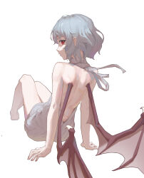 Rule 34 | 1girl, absurdres, alternate costume, backless outfit, bare shoulders, barefoot, bat wings, blue hair, closed mouth, full body, grey sweater, hands on ground, highres, invisible floor, knees up, looking at viewer, looking back, medium hair, meme attire, on floor, profile, red eyes, remilia scarlet, sideways glance, simple background, sitting, solo, sweater, touhou, virgin killer sweater, white background, wings, youpofen