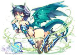 Rule 34 | 1girl, aqua eyes, armor, bikini armor, black hair, capura lin, complex saga, copyright name, dragon girl, dragon horns, dragon tail, dragon wings, fang, finger to mouth, gauntlets, horns, looking at viewer, armored boots, metal gloves, official art, short hair, simple background, solo, tail, thighhighs, white background, wings, yujie shenji