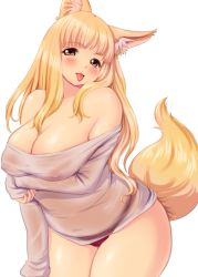 Rule 34 | 1girl, :p, animal ears, bare shoulders, blonde hair, blush, breasts, brown eyes, covered erect nipples, curvy, fox ears, fox girl, fox tail, highres, kokumotsu, large breasts, long hair, original, panties, plump, red panties, see-through, solo, tail, tongue, tongue out, underwear, wet, wet clothes