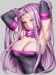 Rule 34 | 1girl, :d, armpits, arms behind head, arms up, black gloves, breasts, cleavage, cropped torso, elbow gloves, facial mark, fate/stay night, fate (series), forehead mark, gloves, grey background, highres, kumiko shiba, large breasts, long hair, looking at viewer, mask, mask around neck, medusa (fate), medusa (rider) (fate), open mouth, purple eyes, purple hair, sleeveless, smile, solo, upper body, very long hair