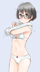 Rule 34 | 1girl, black-framed eyewear, black eyes, black hair, blue background, bow, bow bra, bow panties, bra, breasts, closed mouth, clothes lift, cowboy shot, glasses, highres, lifted by self, looking at viewer, motion lines, navel, no pants, original, panties, retsumaru, shirt, shirt lift, short hair, simple background, small breasts, smile, solo, standing, strap slip, underwear, undressing, white bra, white panties, white shirt