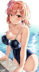 Rule 34 | 1girl, artist name, ass, belko, blue one-piece swimsuit, blush, breasts, brown hair, cleavage, collarbone, hair bun, highres, large breasts, one-piece swimsuit, parted lips, pool, short hair, swimsuit, thick thighs, thighs, water, wet, wide hips, yahari ore no seishun lovecome wa machigatteiru., yuigahama yui