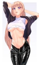 Rule 34 | 1girl, absurdres, armpits, arms behind head, blonde hair, blunt bangs, breasts, commentary request, eyelashes, highres, leggings, long hair, looking at viewer, original, parted lips, solo, underboob, volyz