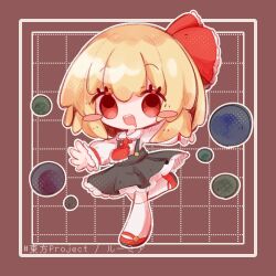 Rule 34 | 1girl, absurdres, ascot, black vest, blonde hair, chibi, darkness, hair ribbon, highres, inukkomaru, is that so, open mouth, outstretched arms, red ascot, red eyes, red footwear, ribbon, rumia, sharp teeth, short hair, skirt, skirt set, socks, solo, spread arms, teeth, touhou, upper teeth only, vest, white socks
