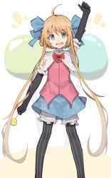 Rule 34 | 1girl, :d, ahoge, arm up, black gloves, blonde hair, bloomers, blue eyes, blue ribbon, blue skirt, candy, capelet, commentary, elbow gloves, english commentary, eyes visible through hair, food, gloves, hair ribbon, highres, lollipop, looking at viewer, open mouth, original, pantyhose, pink shirt, polka dot, polka dot skirt, ribbon, shirt, shone, short hair with long locks, skirt, sleeveless, sleeveless shirt, smile, solo, striped clothes, striped pantyhose, underwear, vertical-striped clothes, vertical-striped pantyhose