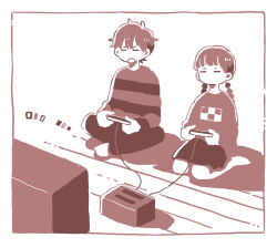 Rule 34 | 1boy, 1girl, :o, border, braid, closed eyes, commentary request, controller, crossover, full body, game console, game controller, highres, holding, holding controller, holding game controller, indian style, jack-o&#039; ran-tan, long sleeves, low twin braids, madotsuki, mochi (fayo), monochrome, napoli no otokotachi, no mouth, open mouth, pants, playing games, print shirt, red theme, seiza, shirt, short hair, simple background, sitting, skirt, striped clothes, striped shirt, television, twin braids, white background, wooden floor, yume nikki