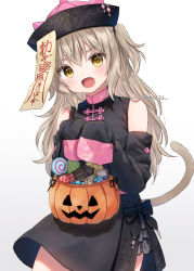 Rule 34 | 1girl, :d, animal ears, animal hat, anz32, black dress, black sleeves, blush, brown eyes, brown hair, candy, cat ears, cat hat, cat tail, commentary request, detached sleeves, dress, fake animal ears, fang, food, gradient background, grey background, hair between eyes, halloween, halloween bucket, hat, head tilt, holding, jiangshi costume, lollipop, long hair, long sleeves, looking at viewer, ofuda, open mouth, original, pink hat, sleeveless, sleeveless dress, sleeves past fingers, sleeves past wrists, smile, solo, swirl lollipop, tail, twitter username, two side up, very long hair, white background