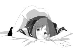 Rule 34 | 1girl, artist name, ass, bed sheet, blush, bottomless, closed mouth, dated, greyscale, long hair, looking to the side, monochrome, original, presenting, school uniform, serafuku, sheet grab, short sleeves, signature, simple background, smile, solo, spread legs, tabata hisayuki, thighs, top-down bottom-up