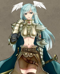 Rule 34 | 1girl, armor, belt, blue cape, blue hair, boobplate, breastplate, brown background, brown belt, brown cape, brown skirt, brown thighhighs, cape, commentary request, cowboy shot, cross, earrings, gauntlets, holding, holding sword, holding weapon, jewelry, light blue hair, long hair, looking to the side, midriff, misuguu, navel, paladin (ragnarok online), parted lips, pauldrons, ragnarok online, shoulder armor, simple background, skirt, solo, sword, thighhighs, waist cape, weapon