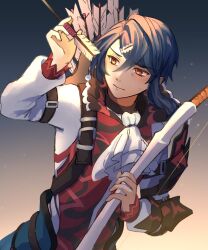 Rule 34 | 1boy, alcryst (fire emblem), armor, arrow (projectile), ascot, blue hair, bow (weapon), buckle, closed mouth, fire emblem, fire emblem engage, hair between eyes, hair ornament, hairclip, high collar, highres, holding, holding weapon, long sleeves, looking to the side, nintendo, red eyes, rollrollrollru, shirt, shoulder armor, vest, weapon, white shirt