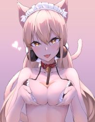 Rule 34 | absurdres, animal ears, bare shoulders, bell, neck bell, bikini, bikini top only, blush, breast hold, breasts, bubble tea, bubble tea challenge, bust cup, cat ears, cat tail, collar, drinking, drinking straw, heart, heart-shaped pupils, highres, ky (ky990533), looking at viewer, maid headdress, simple background, solo, swimsuit, symbol-shaped pupils, tail, tongue, tongue out, xiaoyuan (you can eat the girl), yellow eyes, you can eat the girl