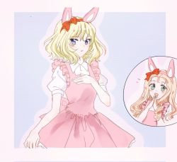 Rule 34 | 2girls, animal ears, april tada, back bow, blonde hair, blue background, blue eyes, blush, border, bow, collared shirt, comic, commentary, dress, drill hair, easter, fake animal ears, frilled dress, frills, girls und panzer, green eyes, hair bow, hand on own chest, hand to own mouth, inset, lace, lace-trimmed dress, lace trim, light frown, long hair, looking at viewer, marie (girls und panzer), medium hair, multiple girls, open mouth, oshida (girls und panzer), outline, parted lips, pink border, pink dress, pink outline, puffy short sleeves, puffy sleeves, rabbit ears, red bow, shirt, short dress, short sleeves, silent comic, skirt hold, smile, standing, white shirt