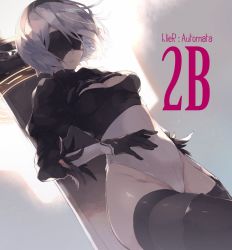 Rule 34 | 1girl, black gloves, black thighhighs, blindfold, boots, breasts, cleavage, dutch angle, gloves, hairband, highleg, highleg leotard, huge weapon, kotori bb, leotard, medium breasts, mole, mole under mouth, nier (series), nier:automata, parted lips, short hair, silver hair, solo, sword, sword behind back, thigh boots, thighhighs, weapon, 2b (nier:automata)