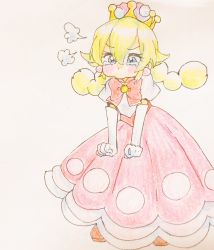 Rule 34 | &gt;:t, 1girl, :t, blonde hair, blue eyes, blush, bow, braid, cheek bulge, clenched hands, colored pencil (medium), dress, frown, gloves, hair between eyes, mario (series), new super mario bros. u deluxe, nintendo, peachette, pout, scan, server, simple background, solo, super crown, traditional media, twin braids, white gloves
