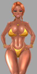 Rule 34 | 1girl, bare arms, bare legs, bare shoulders, bikini, blush, bracelet, breasts, cleavage, collarbone, covered erect nipples, curvy, dark-skinned female, dark skin, earrings, eyeshadow, female focus, ganguro, glasses, green eyes, grey background, half-closed eyes, hands on own hips, highres, jewelry, large breasts, legs, lips, lipstick, long hair, looking at viewer, makeup, mole, mole under eye, nail polish, navel, nb teishoku, neck, necklace, orange hair, parted lips, pink lips, ponytail, shiny skin, simple background, smile, solo, standing, sweat, swimsuit, wide hips, yellow-framed eyewear, yellow bikini, yellow nails