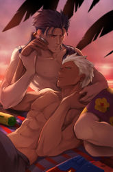 Rule 34 | 2boys, abs, archer (fate), bara, beach, biceps, blue hair, bottle, carpet, cloud, cloudy sky, couple, cu chulainn (fate), cu chulainn (fate/stay night), ear piercing, earrings, fate/stay night, fate (series), floral print, gravesecrets, grey male swimwear, grey swim trunks, hand on another&#039;s face, highres, jewelry, long hair, looking at another, lying, lying on person, male focus, male swimwear, manly, multicolored male swimwear, multicolored swim trunks, multiple boys, muscular, muscular male, navel, nipples, on side, outdoors, palm tree, pectorals, piercing, ponytail, print male swimwear, print swim trunks, purple male swimwear, purple swim trunks, red eyes, sky, slit pupils, spiked hair, stud earrings, sunset, swim trunks, topless male, tree, white hair, yaoi, yellow eyes