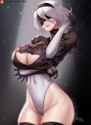 Rule 34 | 1girl, 2b (nier:automata), arm under breasts, ass, black blindfold, black gloves, black hairband, black thighhighs, blindfold, breasts, cleavage, cleavage cutout, clothing cutout, covered navel, cowboy shot, curvy, gloves, hairband, highleg, highleg leotard, kyopink, large breasts, leotard, lips, mole, mole under mouth, nier:automata, nier (series), patreon username, shiny skin, short hair, signature, solo, sweat, thighhighs, thong leotard, white hair, white leotard, wide hips
