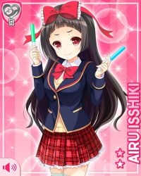 Rule 34 | 1girl, black hair, blue jacket, bow, character name, closed mouth, girlfriend (kari), glowstick, hair bow, hand on own hip, holding, isshiki airu, jacket, long hair, official art, pink background, plaid, plaid skirt, qp:flapper, red bow, red eyes, red skirt, school uniform, shirt, skirt, smile, tagme, vest, white shirt, yellow vest