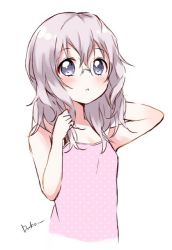 Rule 34 | 1girl, alternate hair length, alternate hairstyle, arm behind head, bare shoulders, blue eyes, blush, camisole, casual, collarbone, commentary request, cropped torso, glasses, hair between eyes, hands up, ikeda chitose, light purple hair, long hair, looking at viewer, pink camisole, polka dot, polka dot camisole, simple background, sketch, solo, upper body, usagi koushaku, white background, yuru yuri