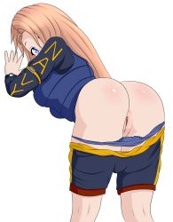 Rule 34 | 10s, 1girl, absurdres, ass, bent over, blonde hair, blue eyes, blue shorts, blue vest, blush, braid, clothes pull, commentary, down jacket, from behind, highres, jacket, kantai collection, looking at viewer, looking back, new jersey (belated battleships), orange hair, original, panties, panty pull, pussy, shorts, shorts pull, simple background, solo, transparent background, twistedscarlett60, uncensored, underwear, uss new jersey (bb-62), vest, watch, white background