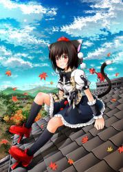 Rule 34 | 1girl, animal ears, autumn leaves, black hair, blue sky, blush, bow, cat ears, cat tail, cloud, day, floral print, geta, hat, hat ribbon, highres, kemonomimi mode, minase tamaki, pom pom (clothes), puffy short sleeves, puffy sleeves, red eyes, ribbon, rooftop, sash, shameimaru aya, shirt, short sleeves, skirt, sky, smile, solo, tail, touhou, wrist cuffs