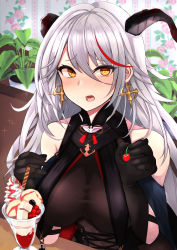 Rule 34 | 1girl, aegir (azur lane), azur lane, bare shoulders, black gloves, blush, bodystocking, breast curtains, breasts, cherry, cross, cross-laced clothes, cross earrings, demon horns, earrings, elbow gloves, food, fruit, gloves, hair behind ear, highres, honyara-san, horns, indoors, iron cross, jewelry, large breasts, long hair, multicolored hair, open mouth, parfait, plant, potted plant, red hair, solo, streaked hair, two-tone hair, underbust, white hair, yellow eyes