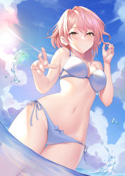 Rule 34 | 1girl, absurdres, aluo 7762, bare arms, bare shoulders, bikini, blue sky, blush, breasts, brown eyes, cloud, commentary request, cowboy shot, day, hand up, highres, looking at viewer, medium breasts, navel, original, pink hair, short hair, side-tie bikini bottom, sky, smile, solo, standing, stomach, swimsuit, thighs, wading, water, white bikini