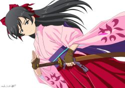 Rule 34 | 10s, 1girl, artist name, black eyes, black hair, bow, brown gloves, bukkuri, closed mouth, commentary request, cosplay, cowboy shot, dated, fingerless gloves, girls und panzer, gloves, hair bow, holding, holding sword, holding weapon, isuzu hana, japanese clothes, katana, long hair, long skirt, long sleeves, looking at viewer, pink shirt, pleated skirt, red bow, red skirt, sakura taisen, shinguuji sakura, shinguuji sakura (cosplay), shirt, signature, simple background, skirt, smile, solo, standing, sword, weapon, white background, wide sleeves, wind