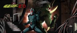 antennae armor b_sense back-to-back backlighting bone claws colored_skin crate creature doras fighting_stance full_armor green_skin kamen_rider kamen_rider_zo logo looking_at_viewer red_eyes simple_background stairs standing tokusatsu