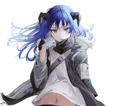 Rule 34 | 1girl, absurdres, arknights, black jacket, blue eyes, blue hair, commentary, gloves, highres, horns, jacket, long hair, long sleeves, looking at viewer, mea (hwaksal), midriff, mostima (arknights), navel, open clothes, open jacket, open mouth, shirt, simple background, solo, stomach, upper body, white background, white gloves, white shirt