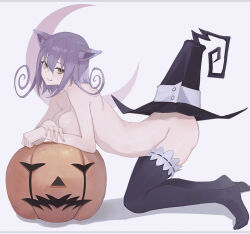 Rule 34 | 1girl, :q, animal ears, ass, bario, black thighhighs, blair (soul eater), breasts, cat ears, cat girl, crescent moon, curly hair, full body, hair between eyes, halloween, hat, highres, jack-o&#039;-lantern, large breasts, looking at viewer, moon, nude, pumpkin, purple hair, short hair, simple background, smile, solo, soul eater, thighhighs, tongue, tongue out, white background, witch hat, yellow eyes