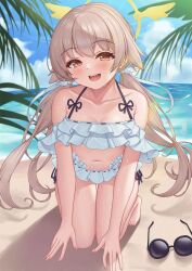 Rule 34 | 1girl, bare arms, bare legs, bare shoulders, beach, bikini, blue archive, blush, collarbone, day, fingernails, frilled bikini, frills, hair between eyes, halo, hifumi (blue archive), hifumi (swimsuit) (blue archive), highres, kneeling, light brown hair, long hair, low twintails, ocean, official alternate costume, open mouth, outdoors, pcreambang, round eyewear, smile, solo, sunglasses, swimsuit, twintails, unworn eyewear, white bikini, yellow eyes, yellow halo