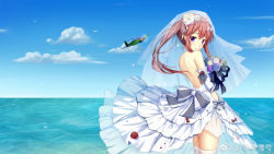 Rule 34 | 1girl, absurdres, ahoge, aircraft, airplane, alternate costume, backless dress, backless outfit, bare shoulders, bird, blue eyes, blue flower, blue sky, bouquet, bridal veil, bride, brown hair, cloud, day, dress, elbow gloves, flower, gloves, hair flower, hair ornament, highres, holding, holding bouquet, jun&#039;you (warship girls r), long hair, neet cangshu, ocean, outdoors, purple flower, rose, seagull, side ponytail, skirt, sky, solo, strapless, strapless dress, thighhighs, veil, warship girls r, watermark, wedding dress, weibo logo, white dress, white flower, white gloves, white rose, white thighhighs