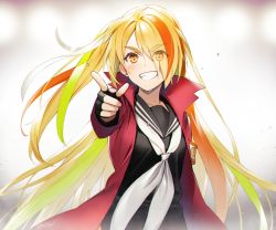 Rule 34 | 10s, 1girl, armband, blonde hair, bousouzoku, coat, commentary request, delinquent, fingerless gloves, gloves, hair over one eye, hair ribbon, highres, holding, long hair, long jacket, long sleeves, multicolored hair, nikaidou saki, open mouth, pointing, ponytail, red eyes, ribbon, school uniform, serafuku, side ponytail, solo, streaked hair, tokki, very long hair, zombie land saga