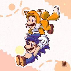 Rule 34 | 2boys, :o, absurdres, blue eyes, brown footwear, brown hair, carrying, carrying person, commentary, cosplay, english commentary, facial hair, flying, gloves, highres, iagobra, luigi, mario, mario (series), multiple boys, mustache, nintendo, open mouth, shoes, smile, sonic (series), sonic the hedgehog, sonic the hedgehog (classic), sonic the hedgehog (cosplay), sonic the hedgehog 2, tails (sonic), tails (sonic) (cosplay), white gloves