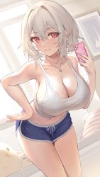 Rule 34 | 1girl, absurdres, azur lane, bent over, blouse, breasts, cleavage, crop top, hand on own hip, highres, jewelry, large breasts, leaning forward, legs together, looking at viewer, necklace, pdxen, red eyes, selfie, shirt, short shorts, shorts, sirius (azur lane), sleeveless, sleeveless shirt, smile, solo, spaghetti strap, tank top, thighs, white hair, white shirt