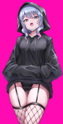 Rule 34 | 1girl, absurdres, black hoodie, black leotard, blue hair, cameltoe, commentary, fishnet thighhighs, fishnets, garter straps, hands in pockets, hatsune miku, highleg, highleg leotard, highres, hood, hood up, hoodie, lds (dstwins97), leotard, leotard under clothes, long hair, long sleeves, looking at viewer, mask, mask pull, mouth mask, multicolored hair, open mouth, pink background, pink hair, pink pupils, rabbit hole (vocaloid), simple background, skindentation, solo, streaked hair, thighhighs, thighs, tongue, vocaloid