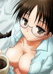 Rule 34 | 1girl, blush, braid, breasts, brown eyes, brown hair, censored, coffee, convenient censoring, cup, glasses, hoshina tomoko, long hair, navel, no bra, open clothes, open shirt, ranshin, shirt, solo, to heart, to heart (series)