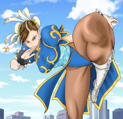 Rule 34 | 1girl, blue dress, boots, bracelet, breasts, brown eyes, brown hair, brown pantyhose, bun cover, capcom, china dress, chinese clothes, chun-li, city, cloud, double bun, dress, female focus, hair bun, highres, jewelry, kicking, large breasts, legs, leotard, looking at viewer, murata yuusuke, panties, pantyhose, pelvic curtain, short hair, sky, solo, spiked bracelet, spikes, street fighter, thick thighs, thighs, underwear, white footwear