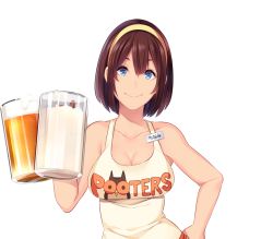 Rule 34 | 1girl, bare arms, bare shoulders, beer mug, blue eyes, brand name imitation, breasts, brown hair, butcha-u, cleavage, closed mouth, collarbone, cup, drinking glass, eyelashes, game cg, hair between eyes, hairband, hand on own hip, hand up, holding, holding cup, holding drinking glass, hooters, kenzen! hentai seikatsu no susume, large breasts, lips, looking at viewer, maezono chinami, mug, name tag, orange shorts, pink lips, short hair, short shorts, shorts, sleeveless, smile, solo, standing, tank top, teeth, transparent background, upper body, white legwear, yellow hairband