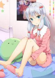 Rule 34 | 10s, 1girl, aibumi, barefoot, bedroom, blouse, blue eyes, blush, bow, closed mouth, eromanga sensei, feet, frills, grey hair, hair between eyes, hair bow, highres, indoors, izumi sagiri, knees together feet apart, long hair, long sleeves, looking at viewer, on bed, pajamas, pen-zin, pink bow, pink shirt, poster (medium), poster (object), shirt, shoes, single shoe, sitting, slippers, unworn slippers, solo, stuffed animal, stuffed octopus, stuffed toy