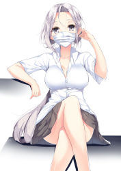 Rule 34 | 1girl, bad id, bad pixiv id, breasts, cleavage, collarbone, crossed legs, dress shirt, female focus, grey eyes, grey hair, large breasts, legs, long hair, looking at viewer, low ponytail, mask, mouth mask, original, ponytail, shirt, skirt, solo, surgical mask, very long hair, white background, yappen, yatsu (sasuraino)