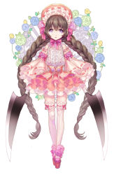 Rule 34 | 1girl, bird, bonnet, bow, box (hotpppink), braid, brown hair, chin strap, detached sleeves, dress, dual wielding, floral background, flower, frilled thighhighs, frills, full body, glasses, gothic lolita, hair bow, headdress, high heels, highres, holding, layered dress, lolita fashion, long hair, long sleeves, looking at viewer, original, pink dress, pink footwear, platform footwear, purple eyes, ribbon-trimmed legwear, ribbon-trimmed sleeves, ribbon trim, rimless eyewear, rose, round eyewear, shoes, solo, standing, thighhighs, twin braids, twintails, very long hair, weapon, white thighhighs