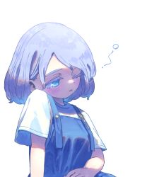 Rule 34 | 1girl, blue dress, blue eyes, blue hair, blush, commentary, commission, dress, eyebrows hidden by hair, eyelashes, highres, lapel pin, letty whiterock, medium hair, nama udon, no headwear, one eye closed, parted lips, pinafore dress, shirt, short sleeves, simple background, skeb commission, squeans, sleeveless dress, solo, suspenders, touhou, upper body, white background, white shirt